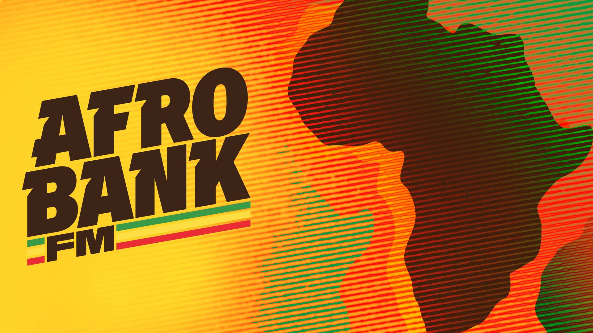 AfroBank FM artwork: the station's logo beside a striped silhouette of Africa in green, red, yellow and orange.