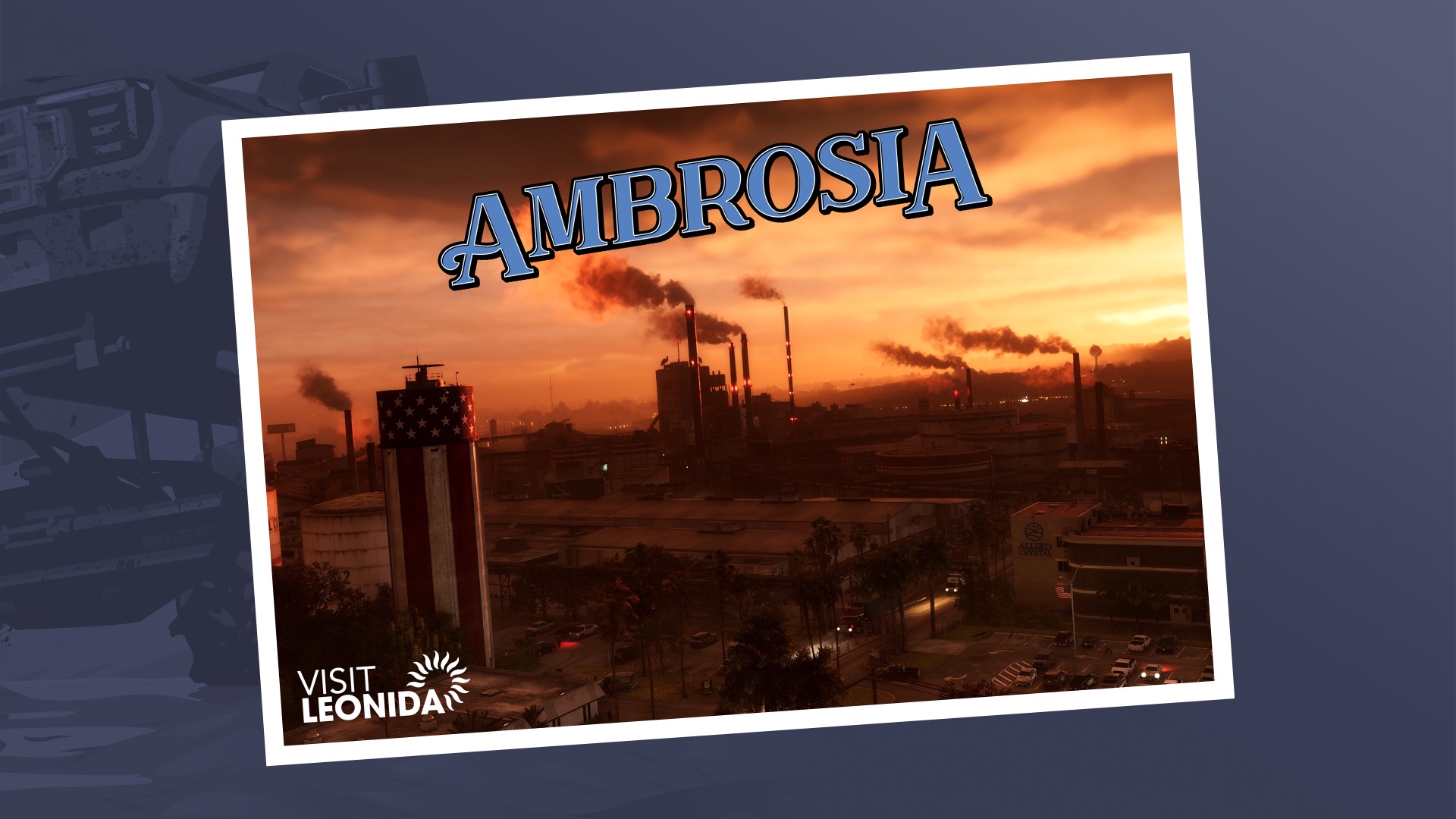 Official Ambrosia postcard showing refinery smokestacks against an orange sky, with a tall tank painted in stars and stripes.