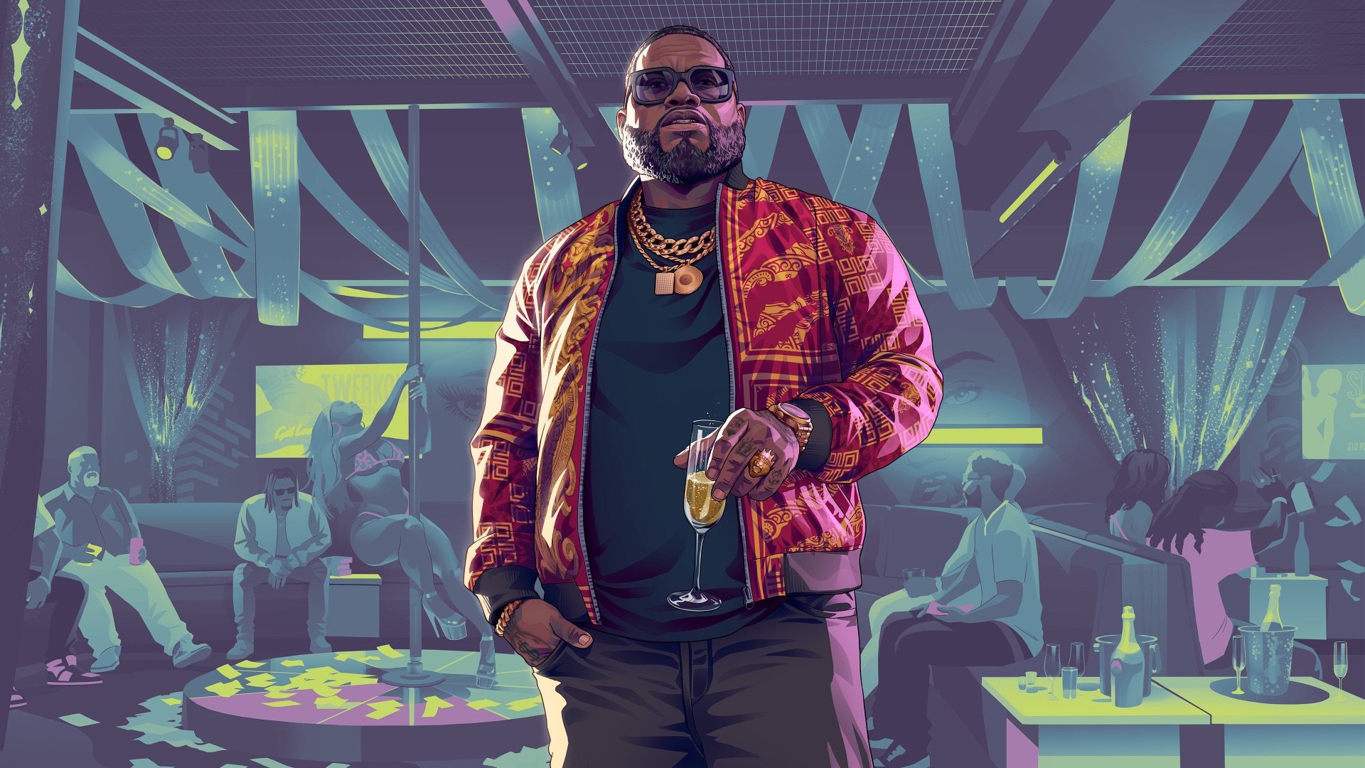 Illustration of Boobie Ike in sunglasses, gold chains and a patterned jacket, holding a glass of champagne in a dimly lit club.