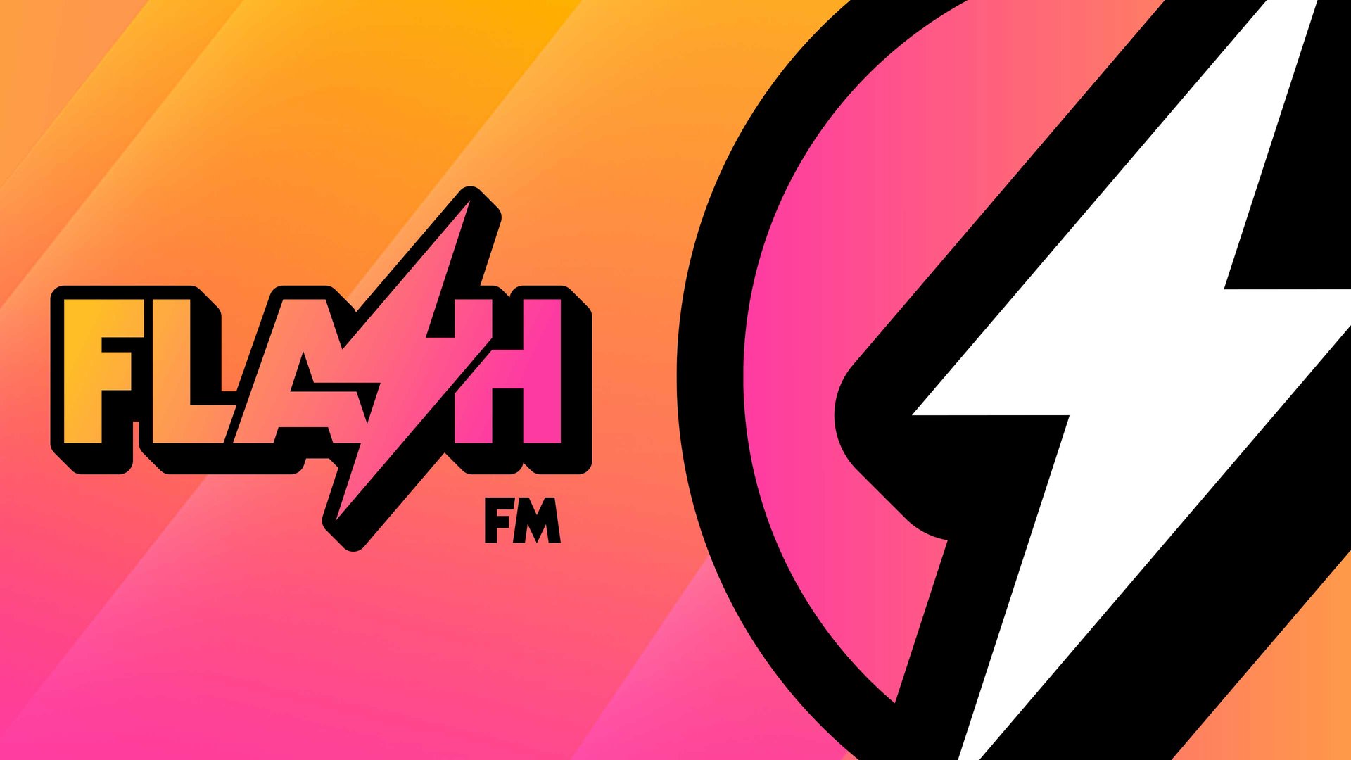 Flash FM artwork: the station's logo, with a lightning bolt for the S, beside a giant lightning-bolt emblem on an orange and pink background.