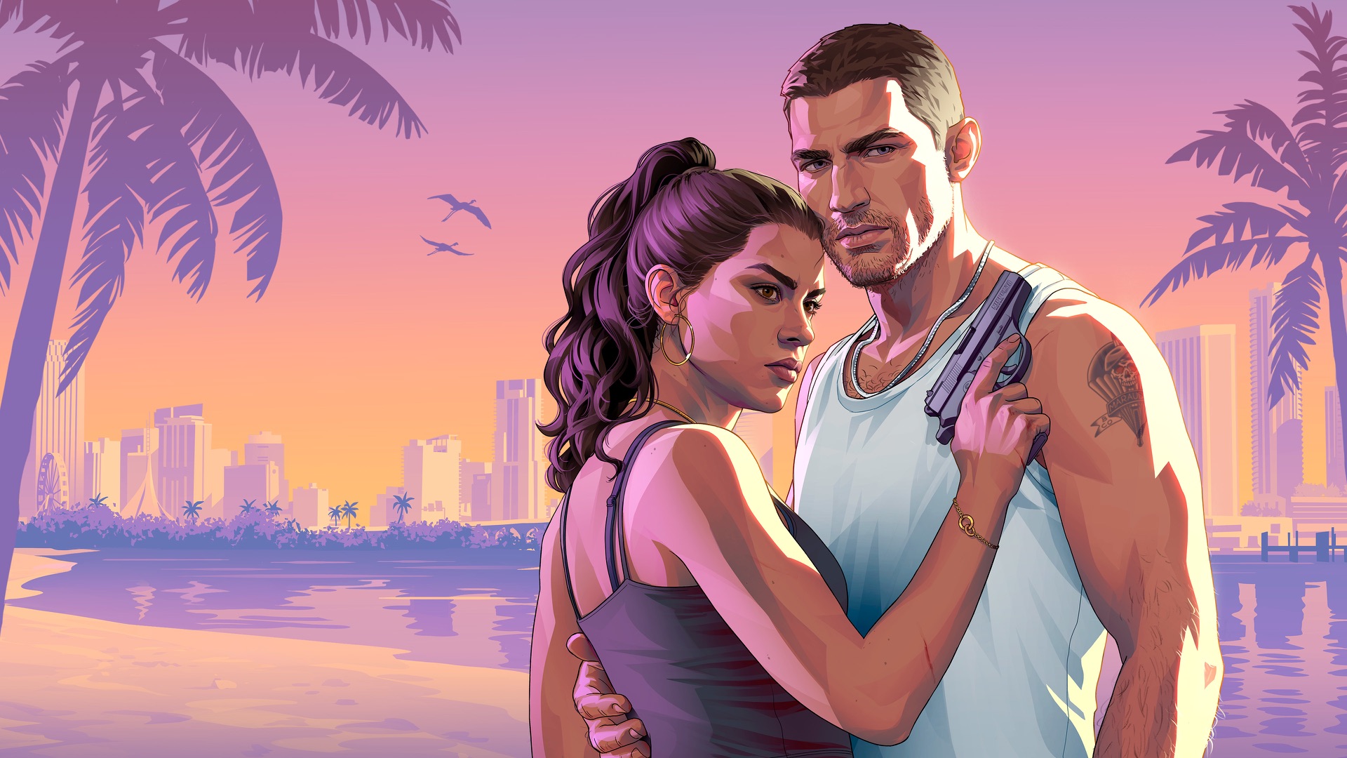 Illustration of Lucia leaning into Jason on a beach at dusk, holding a pistol against his chest as his arm wraps around her waist, with palm trees and a city skyline behind them.