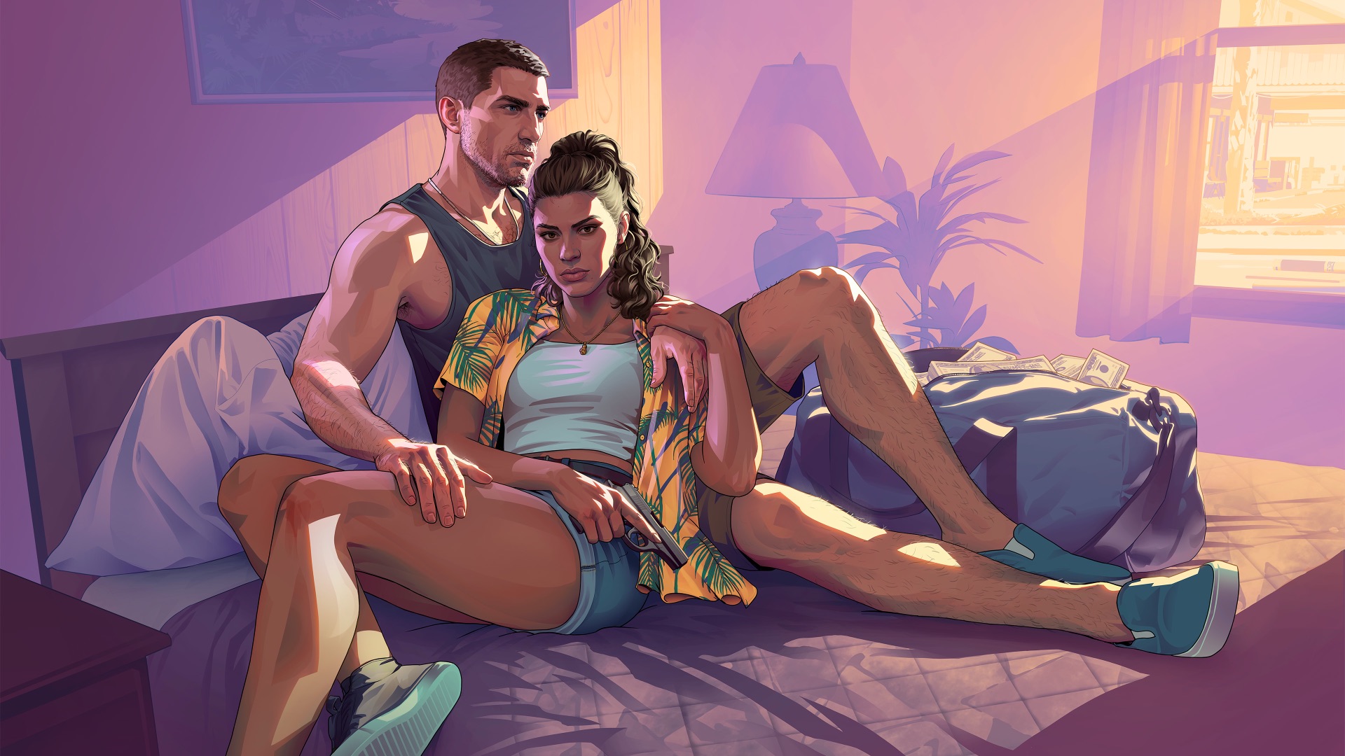 Jason and Lucia sit together on a motel bed in late-afternoon light, Lucia holding a pistol, with a duffel bag spilling cash beside them.