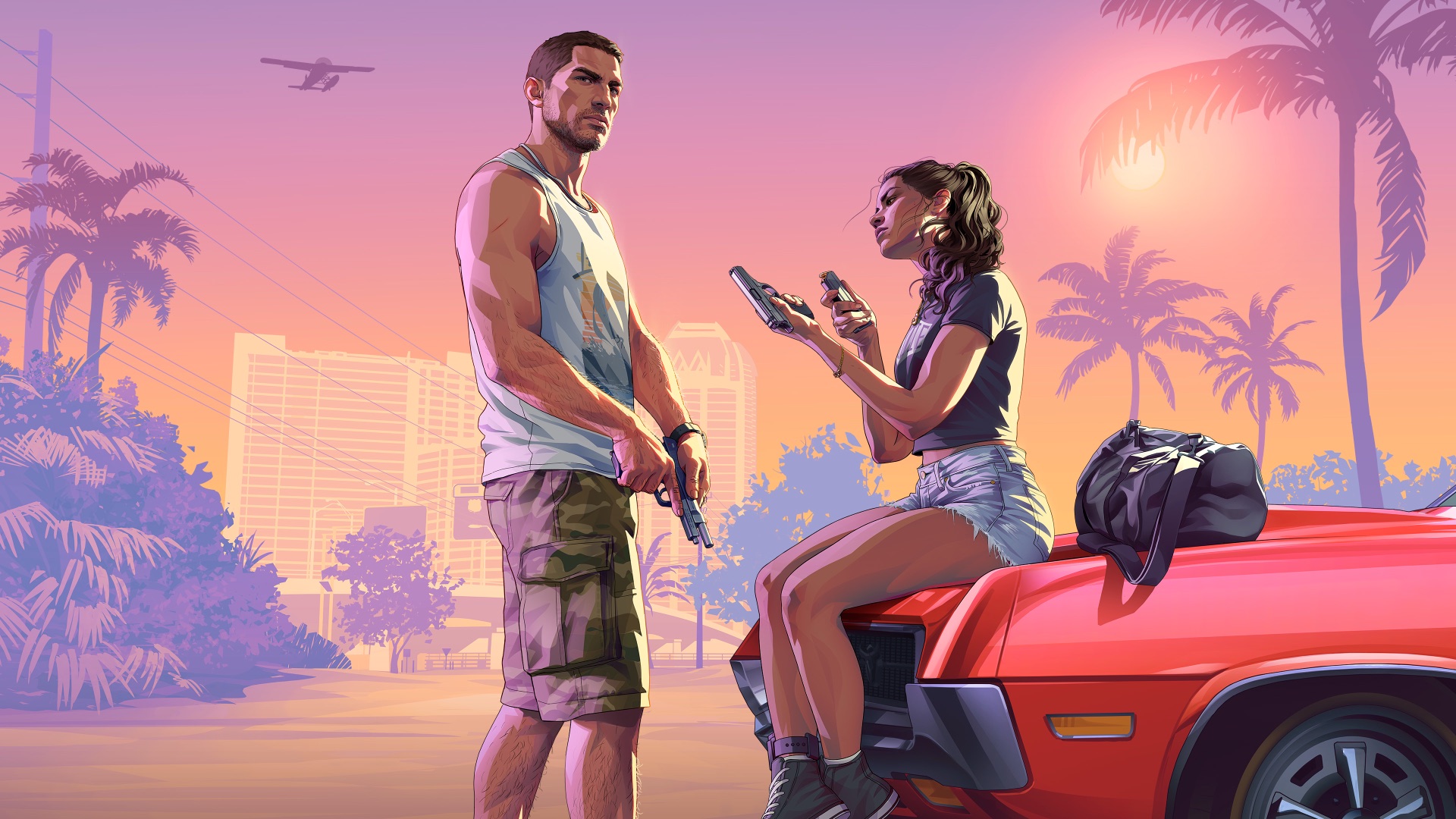 Rockstar's poster for the GTA 6 Launch Trailer: Jason, pistol in hand, stands beside Lucia, who sits on the hood of a red car loading a pistol, under palm trees at sunset.