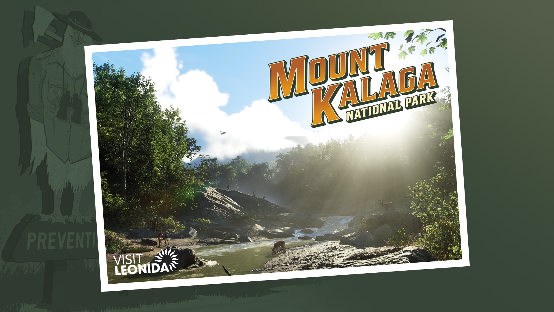 Official Mount Kalaga National Park postcard showing a forested river valley with sunlight through the trees and an animal at the water's edge.