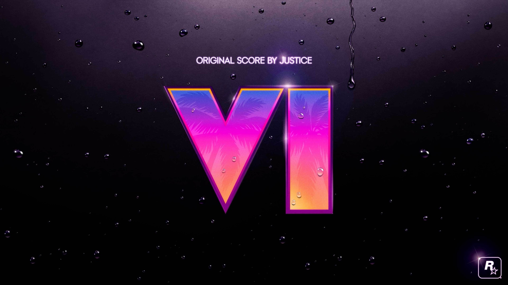 Rockstar's artwork for the GTA 6 score: the words Original Score by Justice above a glowing pink and orange VI logo with palm trees inside it, on a dark purple background covered in water droplets.