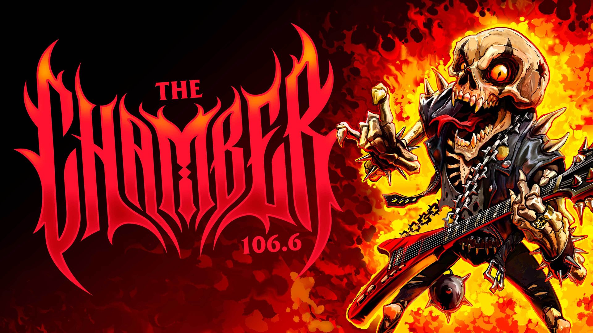 The Chamber 106.6 artwork: a cartoon skeleton in spiked armor playing a red guitar in front of flames, beside the station's red gothic logo.