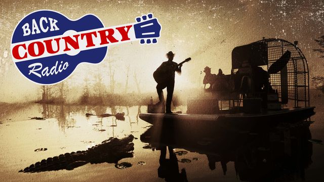 Back Country Radio artwork: a cowboy playing guitar in silhouette on an airboat in a misty swamp, with an alligator in the water and the station's guitar-shaped logo.