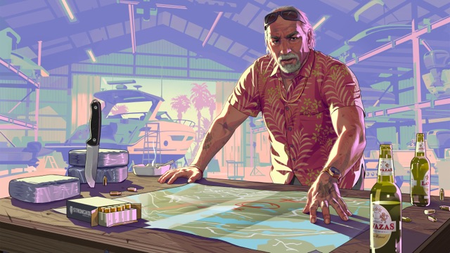Official artwork of Brian Heder, a grey-haired man in a tropical shirt, leaning over a table with a map, a knife, beer bottles and cash.