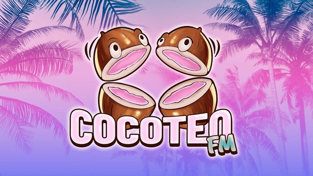 Cocoteo FM artwork: two halved coconuts with cartoon eyes above the station's logo, against pink and purple palm trees.
