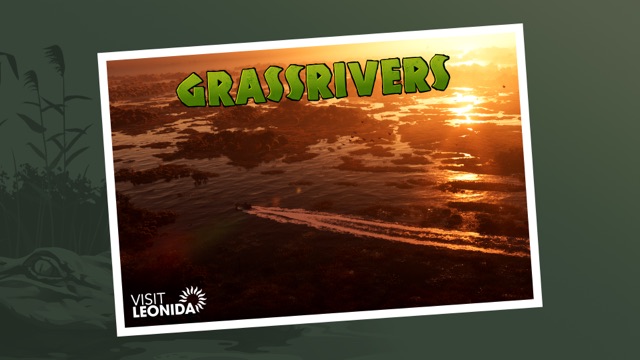 Official Visit Leonida postcard of Grassrivers: a boat cutting a wake through wetlands under an orange sunset.