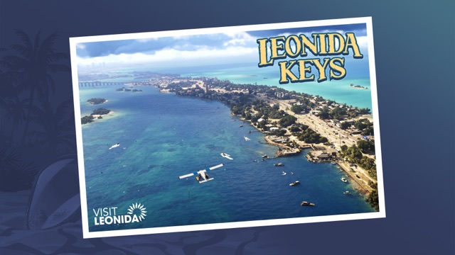 Official Visit Leonida postcard of the Leonida Keys: an aerial view of an island chain in turquoise water, with a seaplane over the bay.