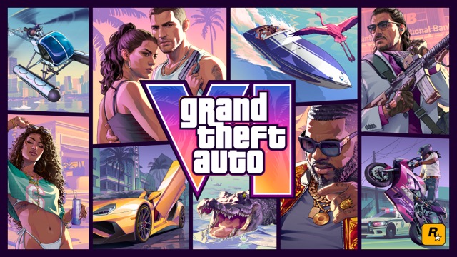 The official Grand Theft Auto VI cover art: the game's logo framed by illustrated panels of Lucia and Jason embracing, a speedboat passing a flamingo, a helicopter over a skyline, a yellow sports car, an alligator and other characters.