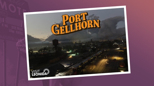 Official Visit Leonida postcard of Port Gellhorn: a low-rise town at dusk under storm clouds, with a water tower and a train passing through.
