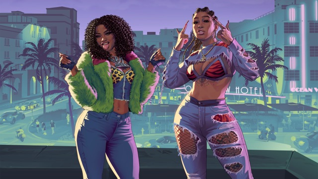 Official artwork of Real Dimez, two women posing in streetwear in front of an art deco hotel, one in a green fur jacket.