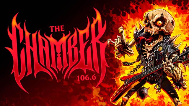 The Chamber 106.6 artwork: a cartoon skeleton in spiked armor playing a red guitar in front of flames, beside the station's red gothic logo.