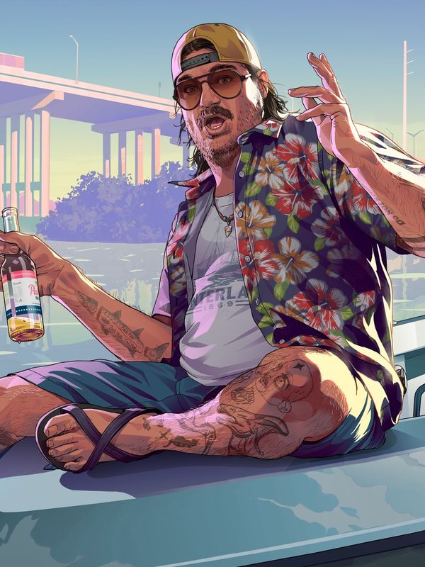 Official artwork of Cal Hampton in a cap, sunglasses and a patterned shirt, sitting on the bow of a boat with a beer under a highway bridge.