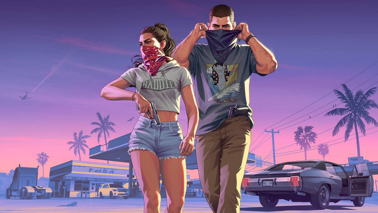 Rockstar's poster for An Extended Look: Lucia and Jason pull bandanas over their faces as they walk away from a gas station at sunset, with palm trees and a dark muscle car behind them.