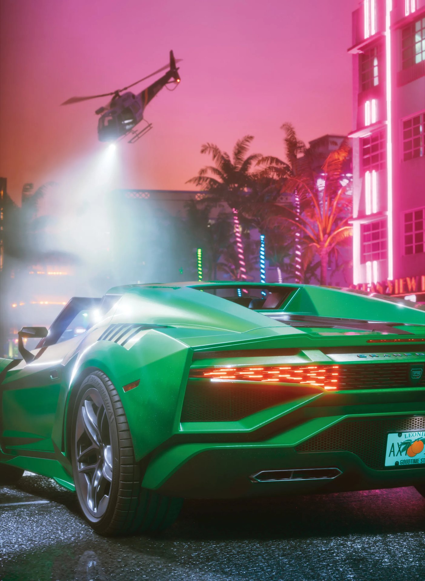 A green supercar parked on a wet, neon-lit street of Art Deco buildings and palm trees at night, as a helicopter shines a searchlight overhead.