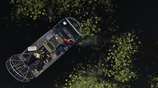 An airboat seen from above on dark swamp water dotted with lily pads, with alligators in the water around it.