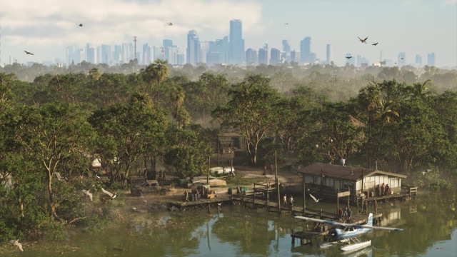 Stilt houses and docks on a mangrove waterway, one wooden house painted with a Sunrise RV Park sign.