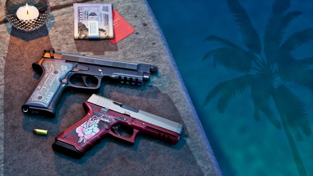Two engraved pistols on a poolside ledge at night: a black pistol with "J.DUVAL" on the slide and a carved grip, and a red pistol decorated with a pink rose and the name "Lucia."