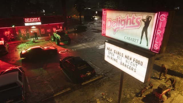 A wet parking lot at night outside a club, with a pink sign reading Delights Cabaret and a marquee reading open all night.