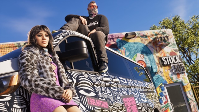 A woman in a leopard-print fur coat leans on a van painted with eyes and marked Stockyard Art Tours, as a man in a patterned face mask sits on its roof outside the mural-covered Stock 305 store.