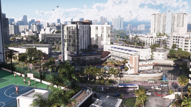 A sunny Vice City neighborhood seen from above: people shoot hoops on an outdoor basketball court beside white apartment blocks and the Hotel Valetta on a canal, with a red helicopter over the downtown skyline.