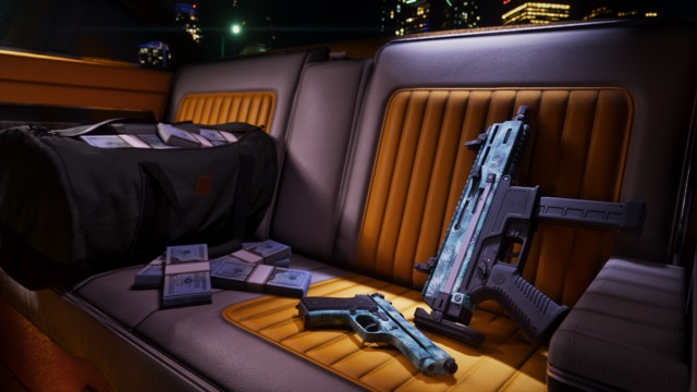 A pistol and a submachine gun with a teal palm-leaf finish lying on the back seat of a car at night, next to a duffel bag full of cash.