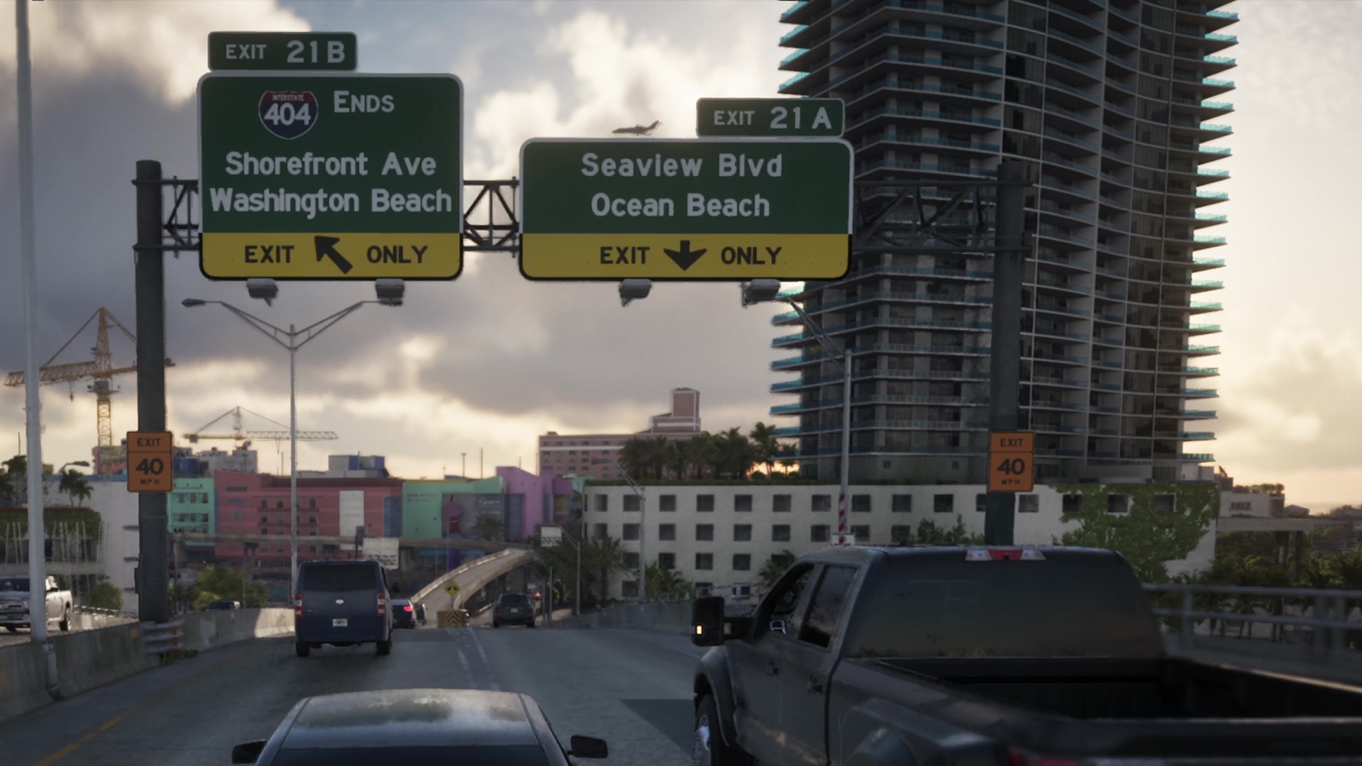 Exit 21B, where Interstate 404 ends, and Exit 21A for Seaview Blvd and Ocean Beach over a freeway.