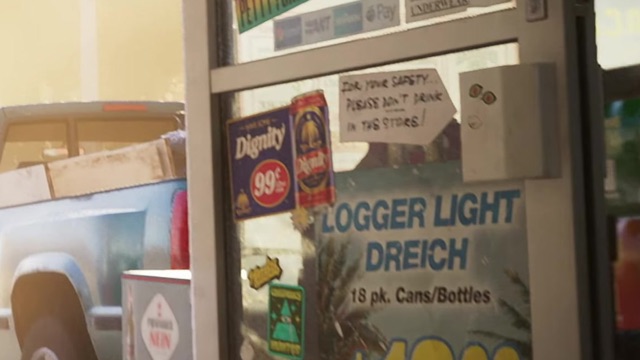A store's glass door with a blue Dignity 99-cent sign, a Logger Light and Dreich poster and a note about drinking.