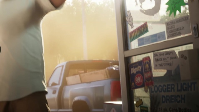 A store door with a Dignity sign and a poster for Logger Light and Dreich 18-packs, a pickup truck parked outside.