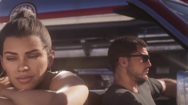 Lucia rests her arms on a car door next to Jason in sunglasses, a tanker with the Globe Oil logo behind them.