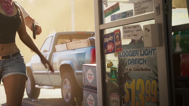 Lucia walks past a store door holding a pistol, beside a poster for Logger Light and Dreich 18-packs at $13.99.