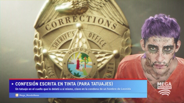 A Mega Noticias report with a tattooed man's mugshot next to a gold sheriff's office corrections badge.