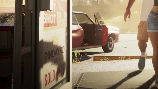 A Pindayho Cerveza sold here poster beside a store door as someone runs toward a red car outside.