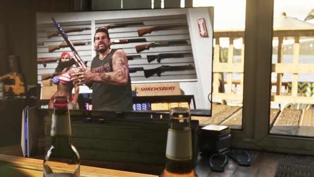 A TV plays a gun store ad: a man in a Phil's tank top with a rifle, a wall of guns and a Shrewsbury sign.