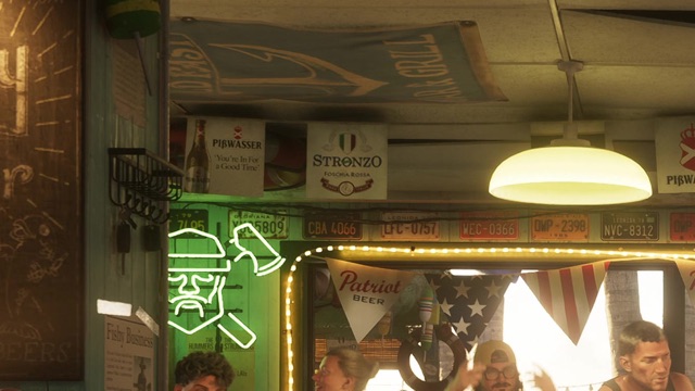 Signs for Pißwasser and Stronzo over a bar lined with license plates, a green neon sign and Patriot Beer pennants.