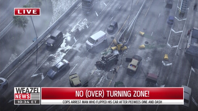A live Weazel News aerial shot of police cars around an overturned car, with the headline No (over) turning zone.